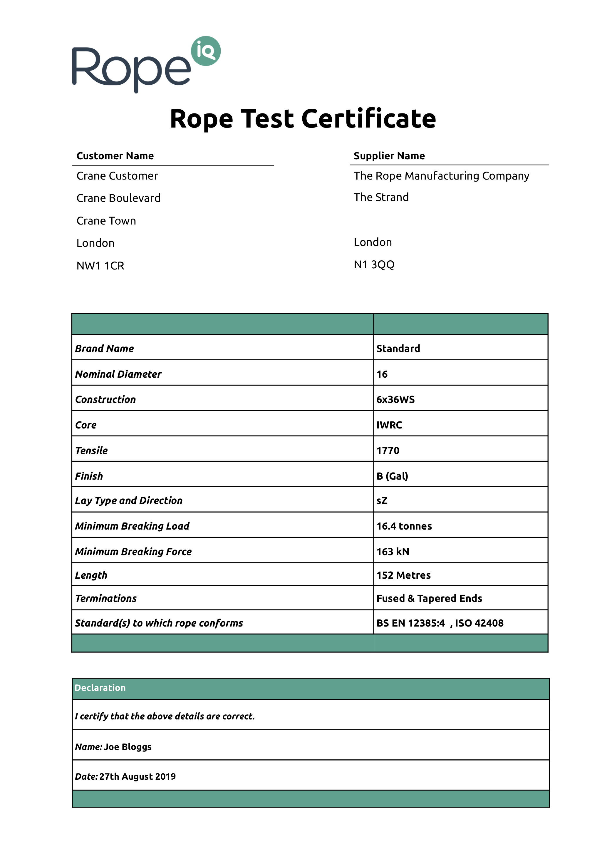 Example wire rope test certificate.